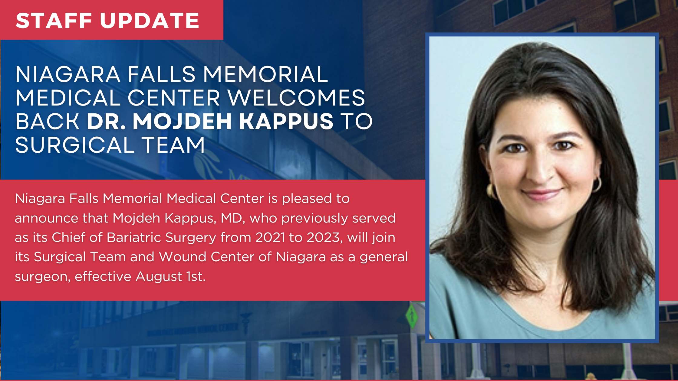 Niagara Falls Memorial Medical Center Welcomes Back Dr. Mojdeh Kappus to Surgical Team